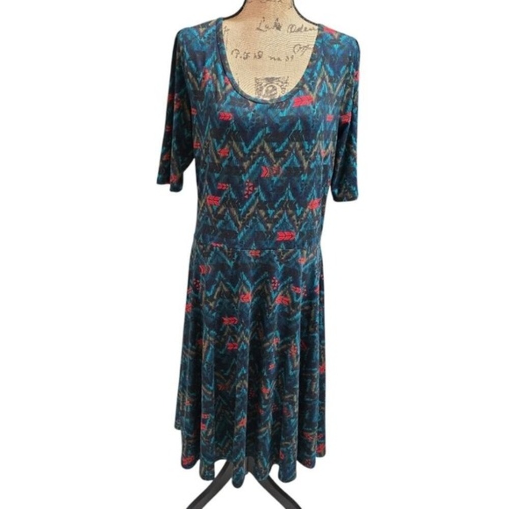 LuLaRoe Nicole Teal Midi Dress‎ Aztec Print Scoop Neck 3/4 Sleeve Casual 2X New